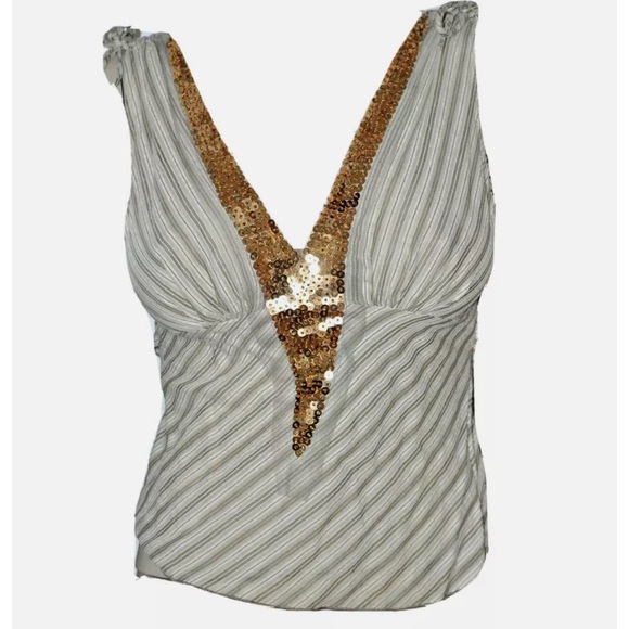 V2K 2000’s Tan Striped Gold Sequin trim Ties at back fitted Lightweight blouse - Picture 4 of 5